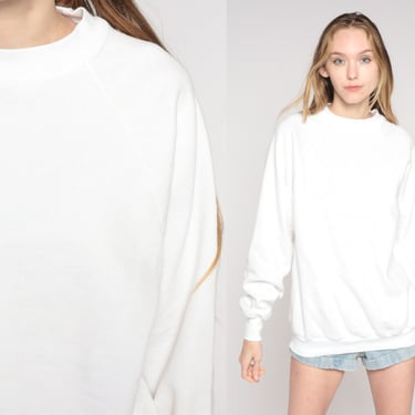 White Raglan Sweatshirt 80s Crewneck Sweatshirt Plain Long Sleeve Shirt Slouchy 90s Vintage Sweat Shirt Blank Sweatshirt Solid Large xl l 