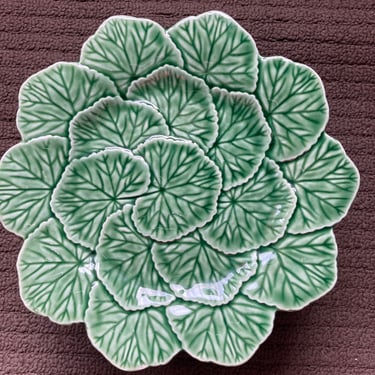 8 3/4” Cake Plate Pedestal Platter, Majolica Portugal Bordallo Pinheiro~ Green Geranium leaves Collectible French Country Kitchen 