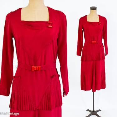1930s Red Silk Evening Dress | 30s Long Sleeve Red Silk Pleated Dress | Flapper Style Dress | Medium 