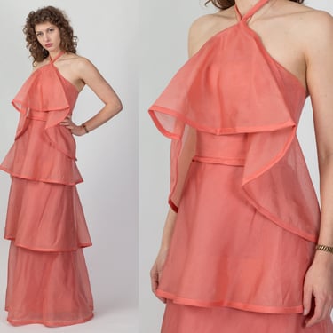 70s Salmon Pink Tiered Chiffon Party Dress - Small | Vintage Halter Neck Formal Maxi Gown 