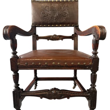 Impressive English 18th Century Oak Carved Armchair With Tooled Leather