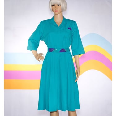 Vintage 1980s Turquoise Midi Dress | Medium/Large 