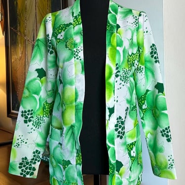 Vintage 1970s Green Floral Polyester Cardigan 