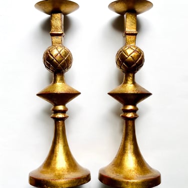 Pair of Gilt Brass Pomme de Pin Candlesticks after Alberto Giacometti, Modernism 