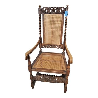 Antique Chair, English Barley Twist Floral Carved Oak, Caned Seat, Exceptional! 
