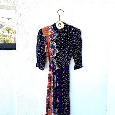 Vintage 70s 80s Boho Paisley High Neck Dress Shirtdress 