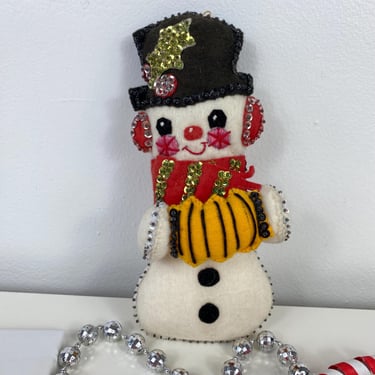 Vintage Handmade Sequin & Bead Felt Christmas Snowman Ornament, Large 8.5