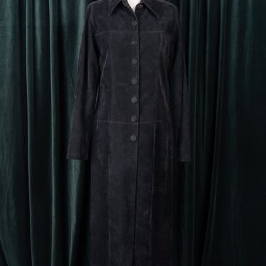 90s Ankle-Length Ultra-Suede Black Trench with Covered Buttons by Lucent 