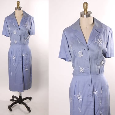 1940s Light Blue Short Sleeve Floral Beaded Dress -L 