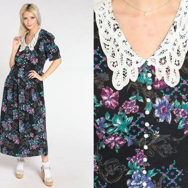 Floral Granny Dress 90s Black Maxi Lace Collar Dress Retro Secretary Dress Short Puff Sleeve Button up Shirtwaist Day Vintage 1990s Large L 