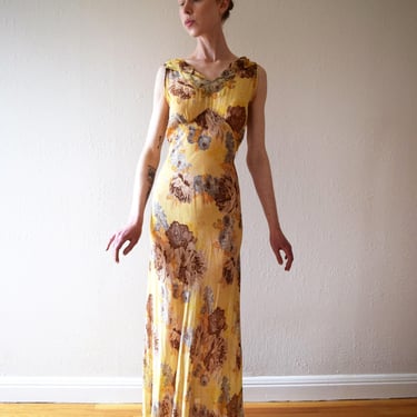 1930s yellow silk chiffon gown . vintage floral print dress . size xs to small 