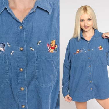 Winnie the Pooh Shirt Y2K Disney Corduroy Button Up Retro Blue Embroidered Shirt Dragonfly Tigger Eeyore Piglet Top Vintage 00s Medium M 