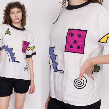 Medium 80s Distressed Linen Playing Card Tee | Vintage Ann Tjian For Kenar White Novelty Patchwork Graphic T Shirt 
