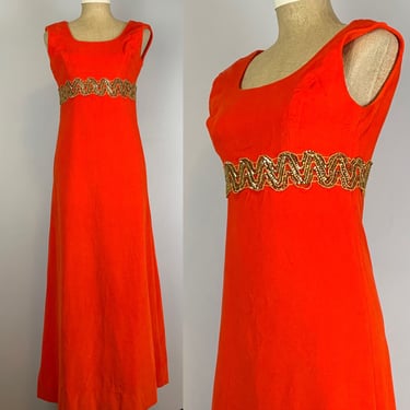 Vintage 60’s Orange Velvet Maxi Dress Size Small 