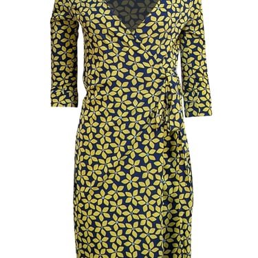 Diane von Furstenberg - Navy &amp; Yellow Floral Wrap Dress Sz 4