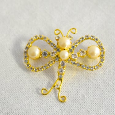 Vintage Rhinestone and Faux Pearl Butterfly Brooch 