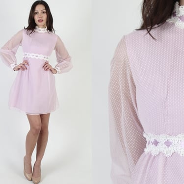 Violet Polka Swiss Dot Dress / Vintage 60s Romantic Country Youthful Dress / Pretty Full Skirt Short Mini Dress S 