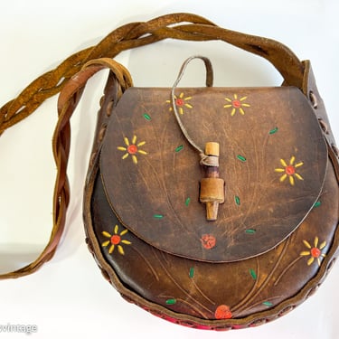 1960s Vintage Brown Tooled Leather Purse | 60s Brown BoHo Hippie Shoulder Bag  | Flower Power Tooled Bag 