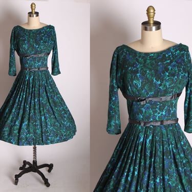 1950s Blue and Dark Green Floral Flower Print Bow Detail Drop Waist Dress -S 