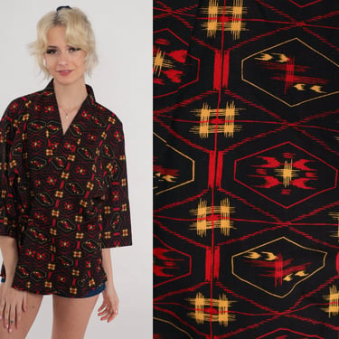 70s Kimono Top Black Silk Robe Geometric Print Wrap Shirt Boho Blouse Retro Asian Inspired Seventies Hippie Festival Vintage 1970s Medium M 