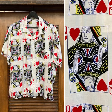 Vintage 1980s New Wave “Queen of Hearts” Pattern Rayon Hawaiian Shirt, 80’s New Wave, Vintage Streetwear, Vintage Clothing 