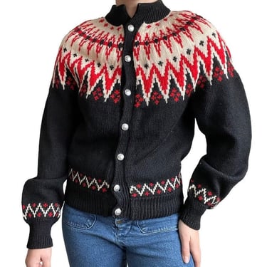 Vintage 1970s Hand Knit 100% Wool Retro Nordic Fair Isle Black Red Cardigan Sz M 