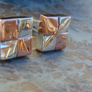 Antonio Pineda ~ Vintage Copper and Silver Mid Century Modernist Square Cuff Links 