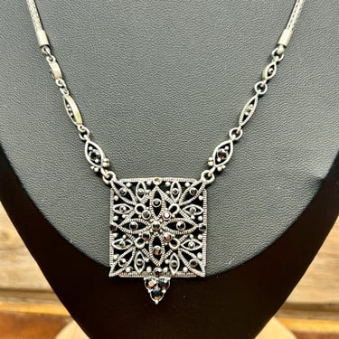 Vintage Marcasite Silver tone Metal Cord Choker Pendant Necklace Retro Jewelry 