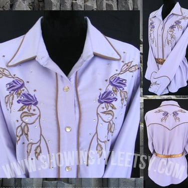 Vintage Retro Women's Cowgirl Shirt by Western Collection Styles, Lavender Embroidered Flowers, Rhinestones, Size XXLarge (see meas. photo) 