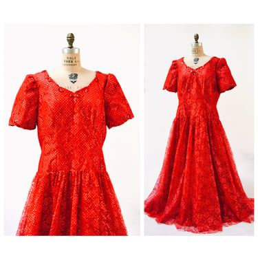 80s Prom Dress Size XL XXL Red Metallic Ball Gown // Vintage 80s Red Metallic Party Dress Mike Benet Plus Size Pageant Princess Dress 
