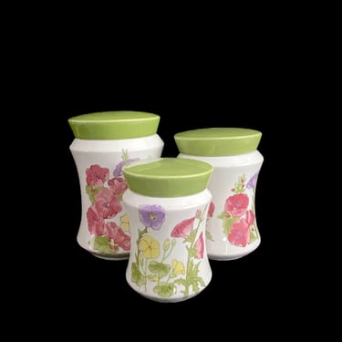 Vintage Mid Century Modern Ernestine of Italy Set of 3 Ceramic Canisters Jars with Lids Italian Pottery with Floral Scenes 