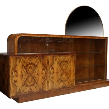 FREE SHIPPING - Antique C. 1920s-30s Art Deco Burl Walnut and Sliding Glass Doors Sideboard Cabinet with Demilune Mirror 
