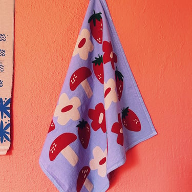 screen printed tea towel. berry shroom on purple. flour sack cotton kitchen towel. ecofriendly. boho home. gift / hostess /  mom. fruit. 
