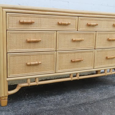 Hollywood Regency Faux Bamboo Rattan Woven Caned Long Dresser 5310
