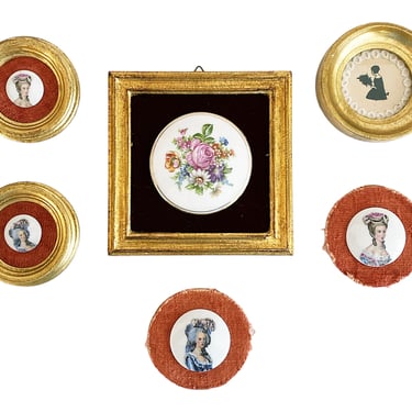 Collection of 6 miniature porcelain portrait & floral medallions, 4 in gold gilt Florentine frames. Made in Italy, Cottage chic decor 