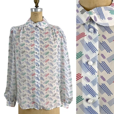 1980s vintage blouse - sheer geometric print - size M 
