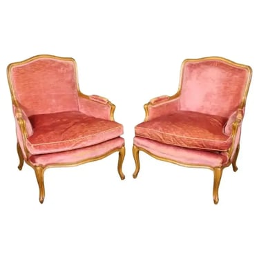 Fine Pair of Gently Worn Rose Velvet French Walnut Louis XV Bergere Chairs