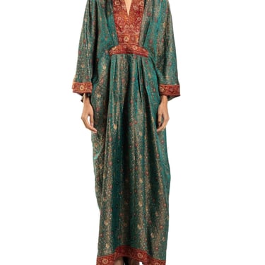 Morphew Collection Teal  Burgundy Floral Silk Studded Kaftan Made From Vintage Sari 