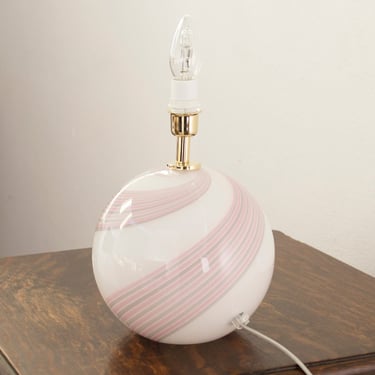 White color Murano glass table lamp with pink and gray filigree decoration, vintage handmade Made in Italy 