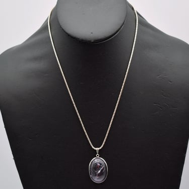 Simple 70's flawed amethyst sterling oval pendant, light purple stone 925 silver popcorn chain necklace 