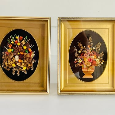 Vintage 1970s Retro BoHo Hippie pair Dried Flowers on Velvet Cameo Oval Gold Framed Art 