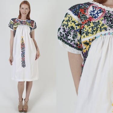 Meixcan White Cotton Hand Embroidered Oaxacan Dress 