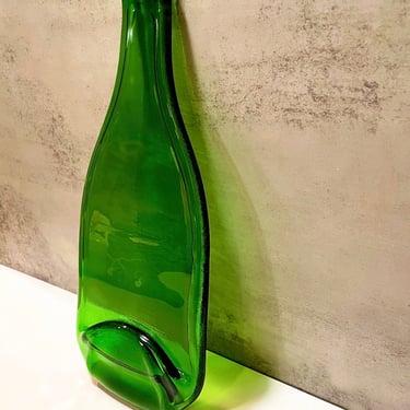 Up-cycled Flattened Wine Bottle Cheese Plate, Spoon Tray | Green Art Glass 12.5” 