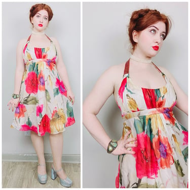 Y2K Vintage Badgley Mischka Silk Designer Dress / Beaded Halter Neck Empire Waist Watercolor Floral Dress / Size Large - XL 
