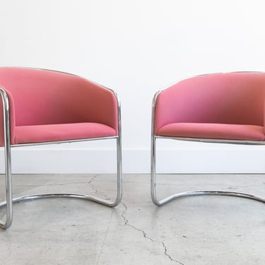 Vintage Anton Lorenz Cantilevered Club Lounge Chairs by Thonet in Original Pink Velvet & Gorgeous Chrome 