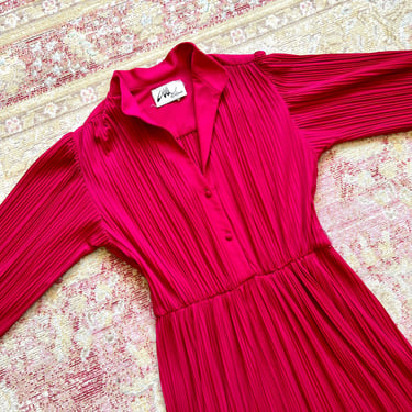 AS-IS *** Vintage 1980s 80s Hot Pink Pleated Semi Sheer Button Up Long Sleeve Fit and Flare Secretary Dress (small/medium/large) 