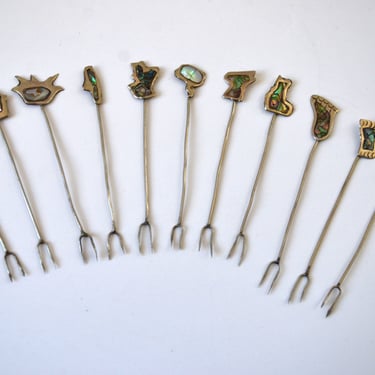 Vintage Silver with Abalone Inlay Cocktail Picks with Abstract Designs - set of 11 