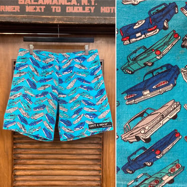 Vintage 1980’s w30 “Life’s A Beach” Vintage Cars Print New Wave Cotton Mod Surf Skate Shorts, 80’s Drawstring, Rockabilly, Vintage Clothing 