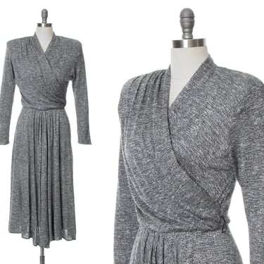Vintage 1980s Sweater Dress | 80s Grey Gray Knit Jersey Long Sleeve Fit and Flare Midi Full Skirt Minimalist Dress (small/medium) 