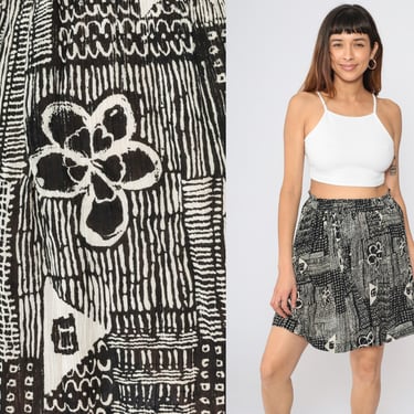 90s Floral Skirt Black Geometric Flower Print Mini Skirt Boho Flowy Miniskirt 1990s Festival Elastic Waist Summer Skirt Rayon Retro Small 